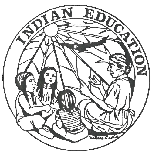 Indian education logo of an elder talking to three youth and an eagle flying in the background.